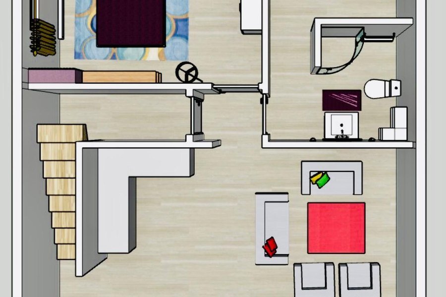 3D floor plan showing furniture layout and circulation