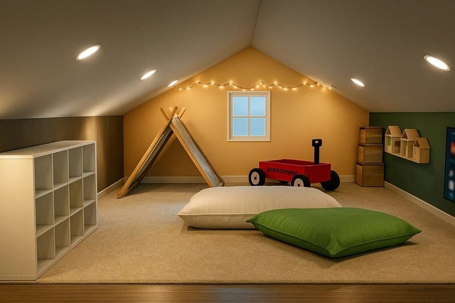Photoreal render of a finished attic playroom with lighting