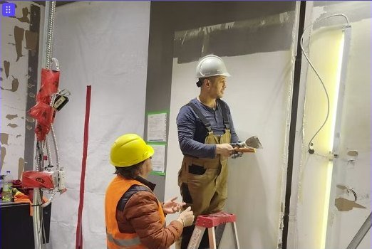 AtlantCare crew discussing work on an active renovation site